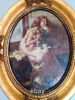 Nice Oil On Canvas Signed, Old Oval Frame In Golden Wood. Art Nouveau. #noel