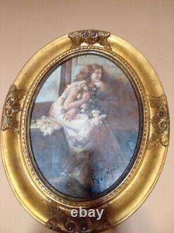 Nice Oil On Canvas Signed, Old Oval Frame In Golden Wood. Art Nouveau. #noel