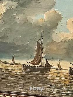 Nicolaas Riegen Old Wooden Painting of Boats in the Dutch Bay 40x25cm