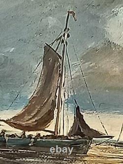 Nicolaas Riegen Old Wooden Painting of Boats in the Dutch Bay 40x25cm