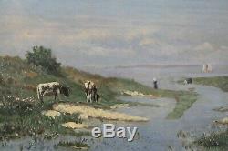 Nineteenth Century, Led Seaside, Sailing, Cows, Signed Identify