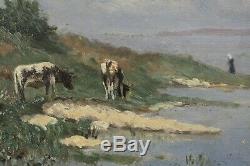 Nineteenth Century, Led Seaside, Sailing, Cows, Signed Identify