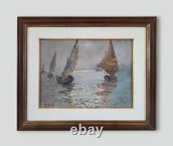 Nocturnal Marine Scene with Sailing Boats Original Signed Oil Painting