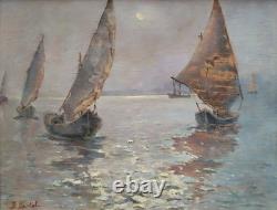 Nocturnal Marine Scene with Sailing Boats Original Signed Oil Painting
