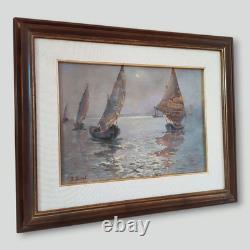 Nocturnal Marine Scene with Sailing Boats Original Signed Oil Painting