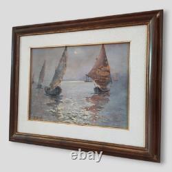 Nocturnal Marine Scene with Sailing Boats Original Signed Oil Painting