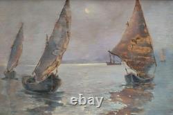 Nocturnal Marine Scene with Sailing Boats Original Signed Oil Painting