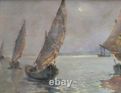 Nocturnal Marine Scene with Sailing Boats Original Signed Oil Painting