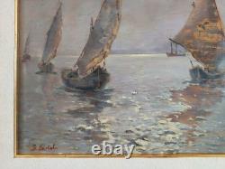 Nocturnal Marine Scene with Sailing Boats Original Signed Oil Painting