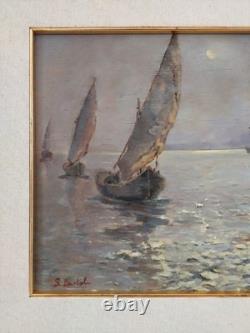 Nocturnal Marine Scene with Sailing Boats Original Signed Oil Painting