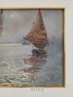 Nocturnal Marine Scene with Sailing Boats Original Signed Oil Painting