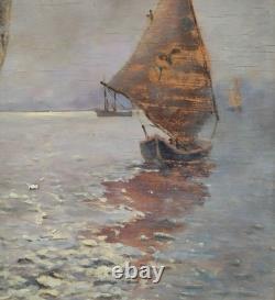 Nocturnal Marine Scene with Sailing Boats Original Signed Oil Painting