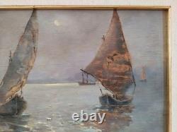 Nocturnal Marine Scene with Sailing Boats Original Signed Oil Painting