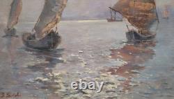 Nocturnal Marine Scene with Sailing Boats Original Signed Oil Painting