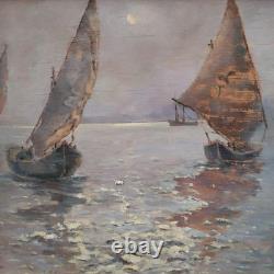 Nocturnal Marine Scene with Sailing Boats Original Signed Oil Painting