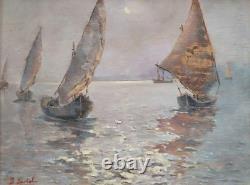 Nocturnal Marine Scene with Sailing Boats Original Signed Oil Painting