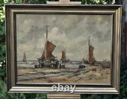 North Sea Beach with Sailboats, Oil on Wood Panel, Signed