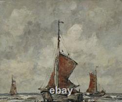 North Sea Beach with Sailboats, Oil on Wood Panel, Signed