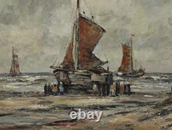 North Sea Beach with Sailboats, Oil on Wood Panel, Signed