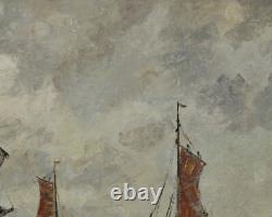 North Sea Beach with Sailboats, Oil on Wood Panel, Signed