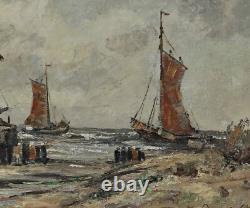 North Sea Beach with Sailboats, Oil on Wood Panel, Signed