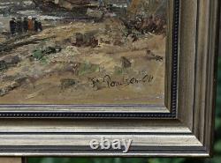 North Sea Beach with Sailboats, Oil on Wood Panel, Signed