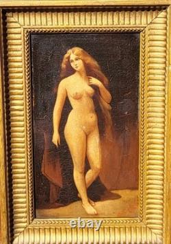 Nude Feminine Woman. Oil painting on wooden panel signed Style 19th Century