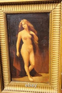 Nude Feminine Woman. Oil painting on wooden panel signed Style 19th Century