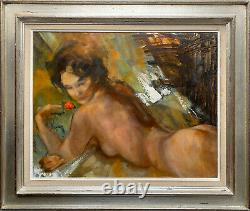 Nude Painting Of Woman With Rose Vahiné By Roger Thalamy (born 1927) + Frame