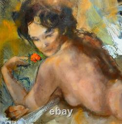 Nude Painting Of Woman With Rose Vahiné By Roger Thalamy (born 1927) + Frame