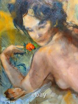 Nude Painting Of Woman With Rose Vahiné By Roger Thalamy (born 1927) + Frame