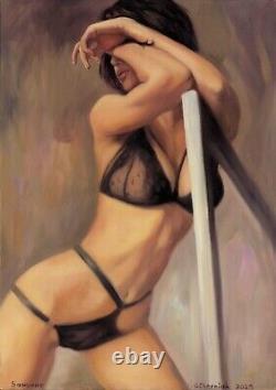 Nude Woman Black Lingerie Original Painting Oil on Isorel Wood Panel