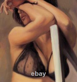 Nude Woman Black Lingerie Original Painting Oil on Isorel Wood Panel