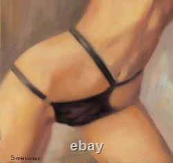 Nude Woman Black Lingerie Original Painting Oil on Isorel Wood Panel