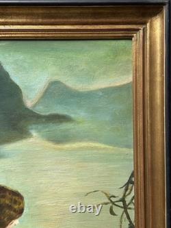 Nude Women Scene Bathing, Hand Made Antique Oil Painting 1950 Signed, Framed