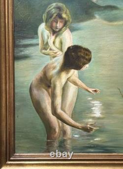 Nude Women Scene Bathing, Hand Made Antique Oil Painting 1950 Signed, Framed