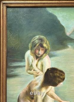 Nude Women Scene Bathing, Hand Made Antique Oil Painting 1950 Signed, Framed