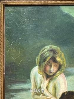 Nude Women Scene Bathing, Hand Made Antique Oil Painting 1950 Signed, Framed