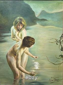 Nude Women Scene Bathing, Hand Made Antique Oil Painting 1950 Signed, Framed