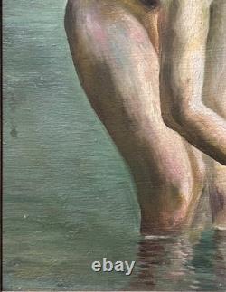 Nude Women Scene Bathing, Hand Made Antique Oil Painting 1950 Signed, Framed