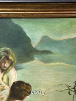 Nude Women Scene Bathing, Hand Made Antique Oil Painting 1950 Signed, Framed