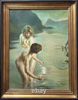 Nude Women Scene Bathing, Hand Made Antique Oil Painting 1950 Signed, Framed
