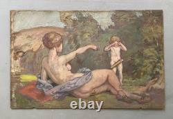 Nymph and putto, Symbolist school, oil on panel, antique painting, painting