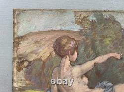 Nymph and putto, Symbolist school, oil on panel, antique painting, painting