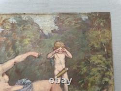 Nymph and putto, Symbolist school, oil on panel, antique painting, painting