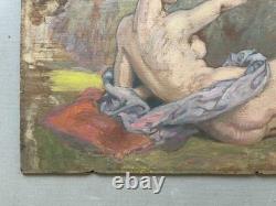 Nymph and putto, Symbolist school, oil on panel, antique painting, painting