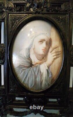 OLD PAINTING ON PORCELAIN, CARVED WOOD FRAME LATE 19th CENTURY