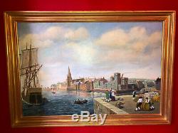 Oil On Board Signed 1900s English Harbor Gilt Wood Frame