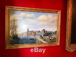 Oil On Board Signed 1900s English Harbor Gilt Wood Frame