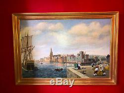 Oil On Board Signed 1900s English Harbor Gilt Wood Frame